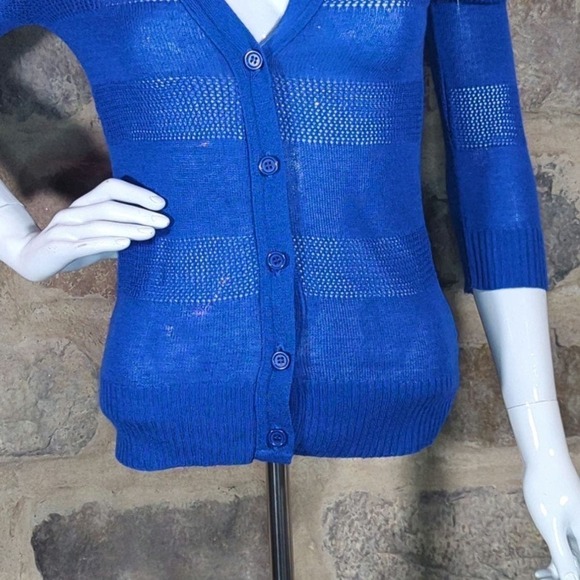 T/O Blue Cardigan Sweater Sheer Striped‎ 3/4 Sleeve Y2K Woman's Size Small - Picture 3 of 11